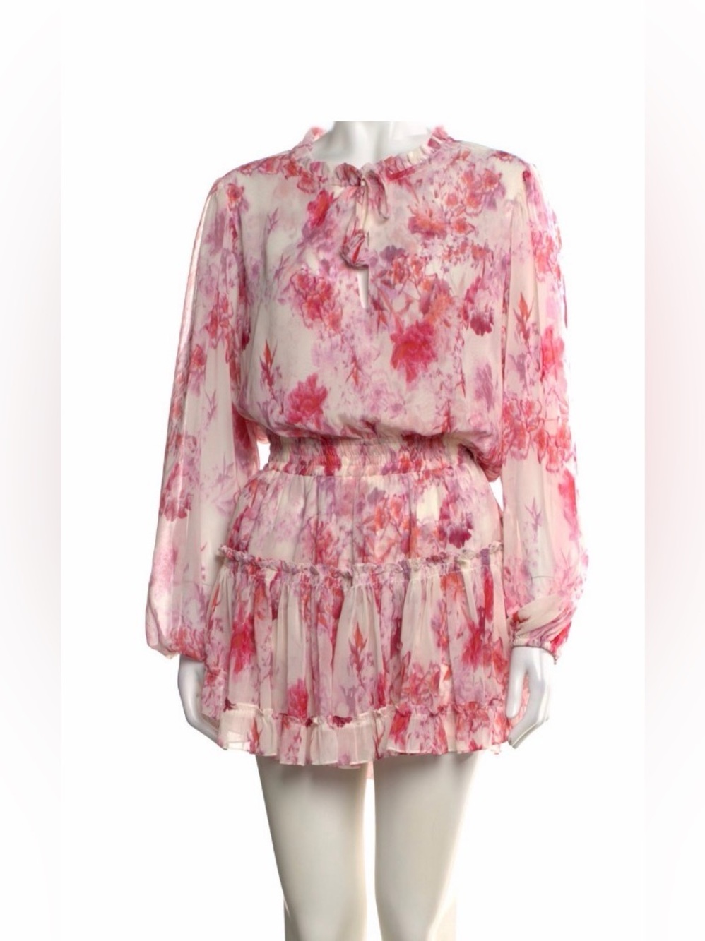 Misa Los Angeles Pink Floral Tie-Neck Long Sleeve Mini Dress